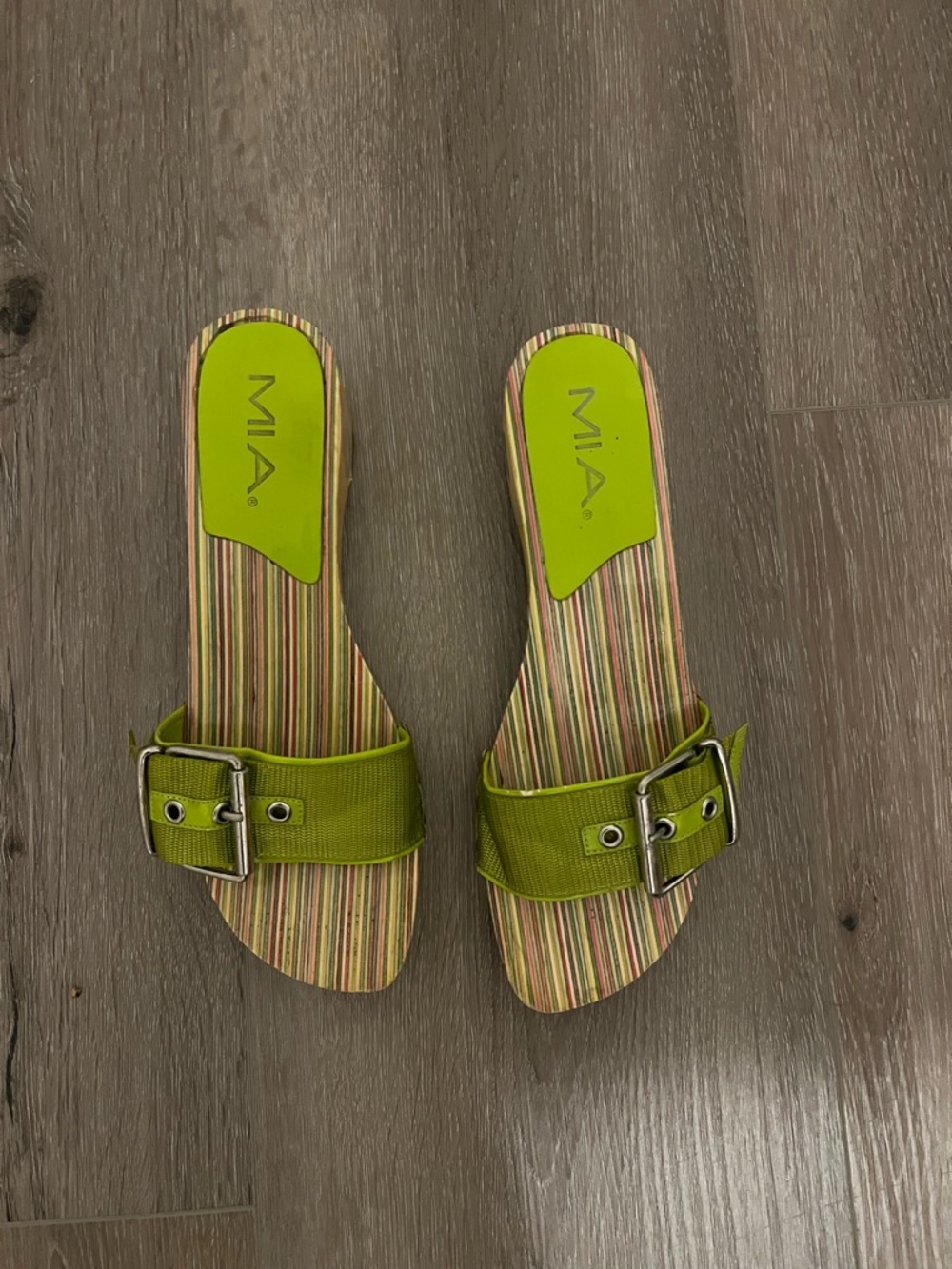 MIA Lime Green Buckle Slide Sandals with Striped Footbed